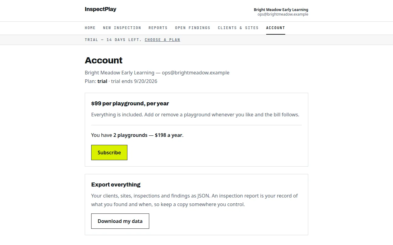 Account screen showing two playgrounds at $198 a year, subscribe and export buttons