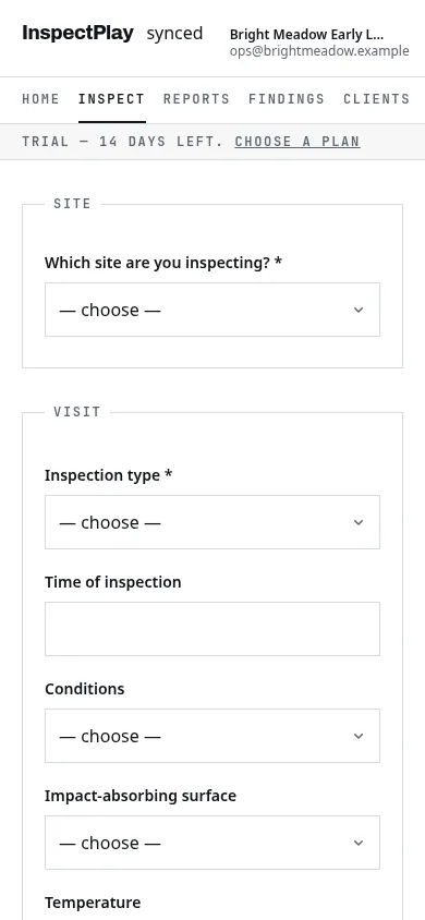 Phone: new inspection screen with the site picker and visit details
