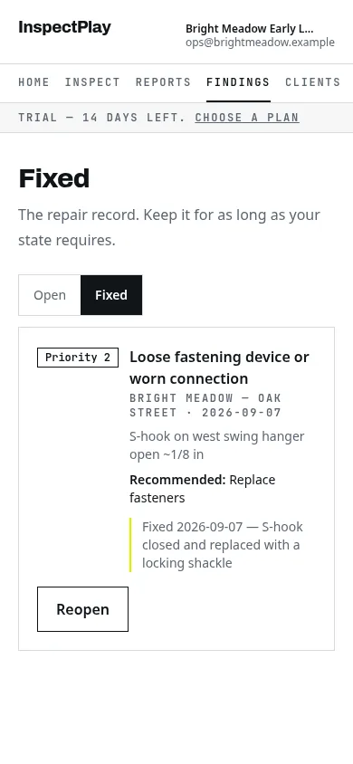 Phone: the finding under Fixed with its repair note