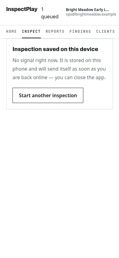 Phone: inspection saved on this device with no signal, one queued