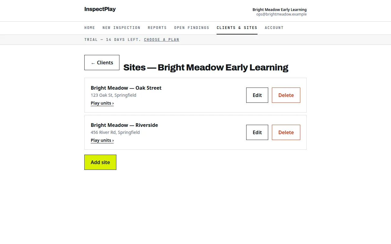 Clients and sites screen listing two locations